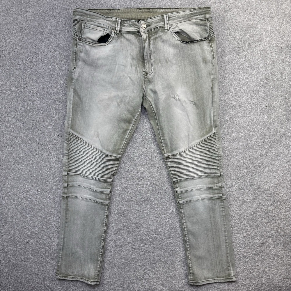 Raw X Jeans Mens 36x32 Biker Moto Distressed Slim Skinny Light Wash Gray